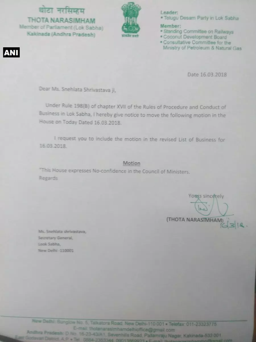 കേന്ദ്രസര്‍ക്കാരിനെതിരെ ടിഡിപി അവിശ്വാസപ്രമേയ നോട്ടീസ് നല്‍കി