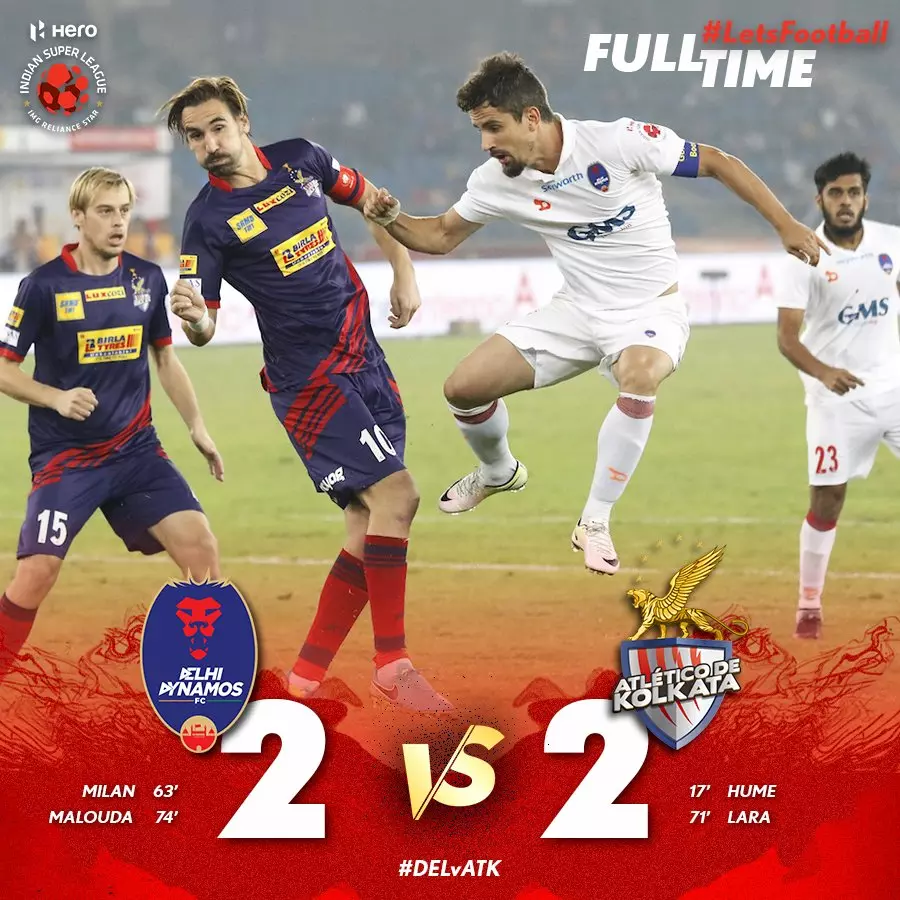 11 മിനിറ്റിനിടെ മൂന്ന് ഗോള്‍; കൊല്‍ക്കത്തയെ സമനിലയില്‍ തളച്ച് ദല്‍ഹി