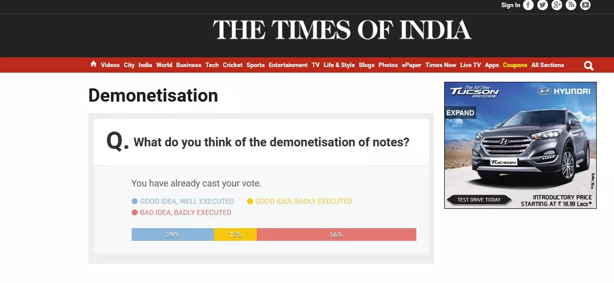 നോട്ട് നിരോധത്തിനെതിരെ ജനങ്ങളുടെ വോട്ട്; അഭിപ്രായ വോട്ടെടുപ്പ് ടൈംസ് ഓഫ് ഇന്ത്യ പിന്വലിച്ചു നോട്ട് നിരോധത്തിനെതിരെ ജനങ്ങളുടെ വോട്ട്; അഭിപ്രായ വോട്ടെടുപ്പ് ടൈംസ് ഓഫ് ഇന്ത്യ പിന്വലിച്ചു