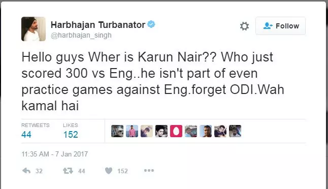 കരുണ്‍ നായരെ ഉള്‍പ്പെടുത്തിയില്ല; സെലക്ടര്‍മാരെ വിമര്‍ശിച്ച് ഹര്‍ഭജന്റെ ട്വീറ്റ്