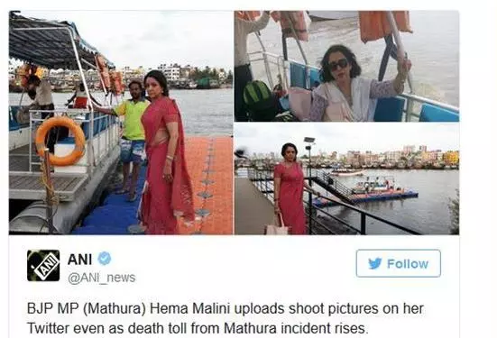 മഥുര കത്തുന്നതിനിടെ ഹേമമാലിനിയുടെ സിനിമാ ട്വീറ്റ്; വിവാദമായതോടെ പിന്‍വലിച്ചു