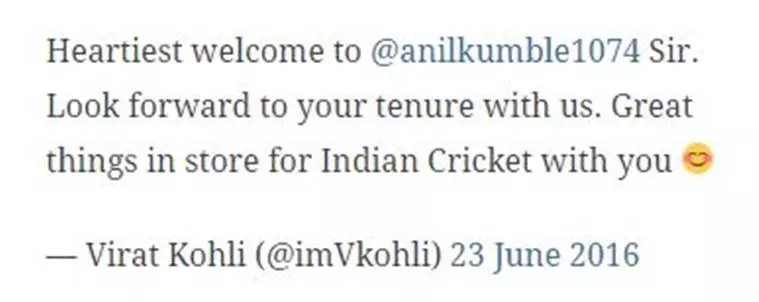 കുംബ്ലെയെ സ്വാഗതം ചെയ്ത ട്വീറ്റ് ഡിലീറ്റ് ചെയ്ത് കൊഹ്‍ലി