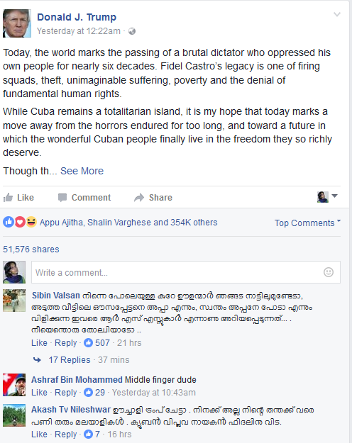 ട്രംപിന്റെ ഫേസ്ബുക്ക് പേജില്‍ മലയാളികളുടെ തെറിയഭിഷേകം