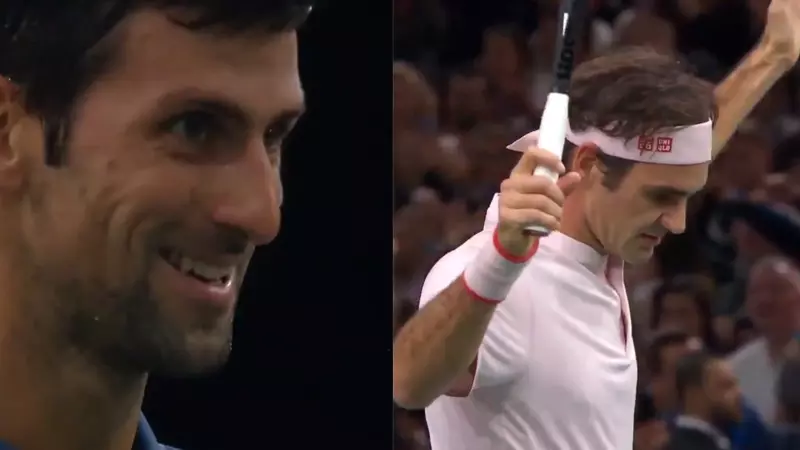 പന്തിലേക്ക് നോക്കാതെ ഫെഡററുടെ മാജിക് ഷോട്ട്, കണ്ണുതള്ളി ജോകോ പന്തിലേക്ക് നോക്കാതെ ഫെഡററുടെ മാജിക് ഷോട്ട്, കണ്ണുതള്ളി ജോകോ