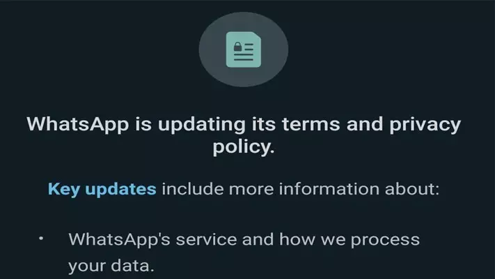 പുതിയ നിബന്ധനകളുമായി വാട്സ്ആപ്പ്; അംഗീകരിച്ചില്ലെങ്കിൽ അക്കൗണ്ട് ഇല്ലാതാകും പുതിയ നിബന്ധനകളുമായി വാട്സ്ആപ്പ്; അംഗീകരിച്ചില്ലെങ്കിൽ അക്കൗണ്ട് ഇല്ലാതാകും