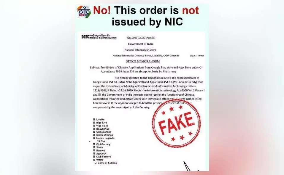 ചൈനീസ് ആപ്പുകള് നിരോധിക്കാന് കേന്ദ്രം ഉത്തരവിറക്കിയെന്ന വാര്ത്ത വ്യാജം ചൈനീസ് ആപ്പുകള് നിരോധിക്കാന് കേന്ദ്രം ഉത്തരവിറക്കിയെന്ന വാര്ത്ത വ്യാജം