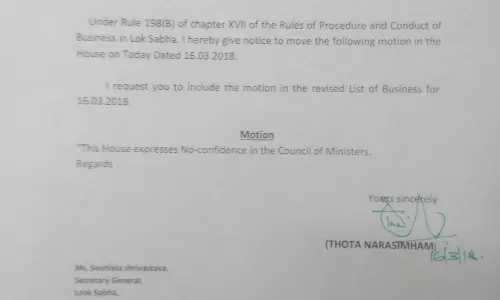 കേന്ദ്രസര്‍ക്കാരിനെതിരെ ടിഡിപി അവിശ്വാസപ്രമേയ നോട്ടീസ് നല്‍കി