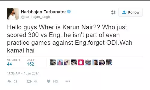 കരുണ്‍ നായരെ ഉള്‍പ്പെടുത്തിയില്ല; സെലക്ടര്‍മാരെ വിമര്‍ശിച്ച് ഹര്‍ഭജന്റെ ട്വീറ്റ്