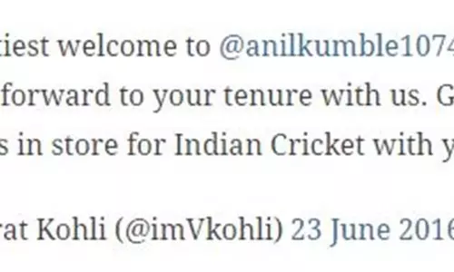 കുംബ്ലെയെ സ്വാഗതം ചെയ്ത ട്വീറ്റ് ഡിലീറ്റ് ചെയ്ത് കൊഹ്ലി കുംബ്ലെയെ സ്വാഗതം ചെയ്ത ട്വീറ്റ് ഡിലീറ്റ് ചെയ്ത് കൊഹ്ലി