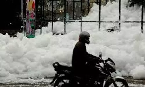 മഴ പെയ്തു, പതഞ്ഞു പൊങ്ങി ബംഗളുരുവിലെ തടാകം