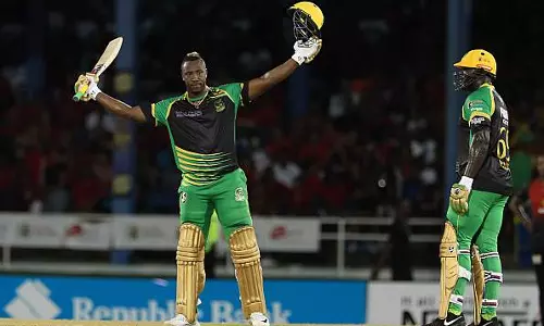 ഇവനാണ്  ഓള്‍റൗണ്ടര്‍, മിന്നല്‍ സെഞ്ച്വറി, ഹാട്രിക്; റസല്‍ മാജിക്കില്‍ സിപിഎല്‍ 