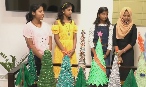 മുട്ടത്തോട്, പേപ്പര്‍, അടയ്ക്കാ തൊണ്ട്; മനോഹരമായ ക്രിസ്മസ് ട്രീകളൊരുക്കി വിദ്യാര്‍ഥികള്‍