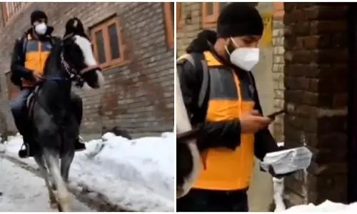 മഞ്ഞൊന്നും ഒരു പ്രശ്നമേയല്ല; കുതിരപ്പുറത്തേറി ഡെലിവര്‍ ചെയ്യാന്‍ ആമസോണ്‍ ഡെലിവറി ബോയ്: വൈറല്‍ വീഡിയോ