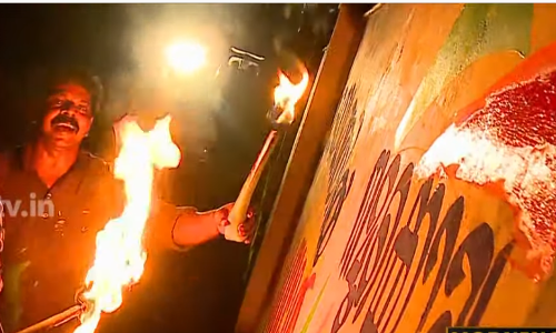 പപ്പായ കുഴലില്‍ ഡീസൽ നിറച്ച് പന്തം ഉണ്ടാക്കി രസികനൊരു ചുവരെഴുത്ത്