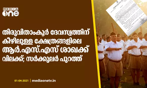 ക്ഷേത്രങ്ങളിലെ ആർ.എസ്.എസ് ശാഖയ്ക്ക് വിലക്കേര്‍പ്പെടുത്തി തിരുവിതാംകൂർ ദേവസ്വം ബോർഡ്